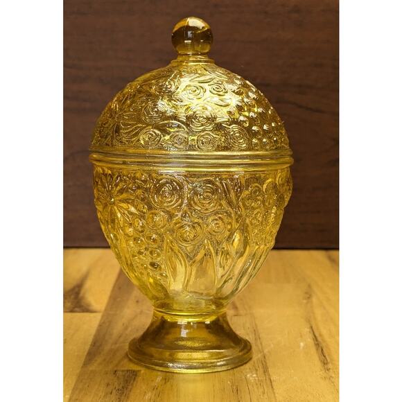 Vtg Avon 60s Glass Candy Trinket Dish Footed Floral Molded Glass Yellow Citron - Picture 9 of 16